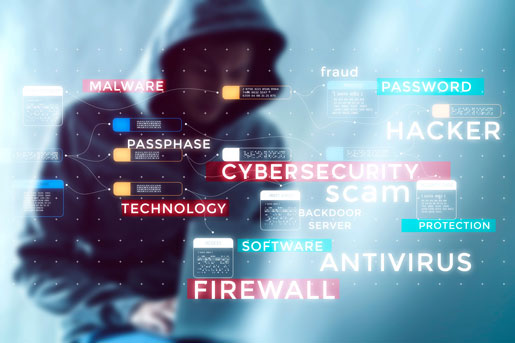 Stylized hacker with various terms highlighted on a blue background