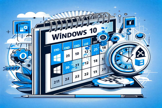 Graphic of a calendar with Windows 10 End of Life dates circled, a dimming Windows 10 logo, a ticking clock, and warning signs, symbolizing the urgency to update systems before support ends.